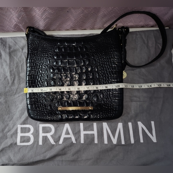 Brahmin Black Crocodile-Embossed Shoulder Bag with Gold Hardware - Picture 3 of 9